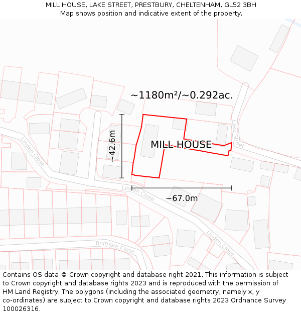 MILL HOUSE, LAKE STREET, PRESTBURY, CHELTENHAM, GL52 3BH: Plot and title map