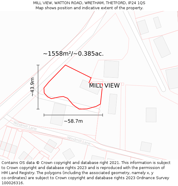 MILL VIEW, WATTON ROAD, WRETHAM, THETFORD, IP24 1QS: Plot and title map