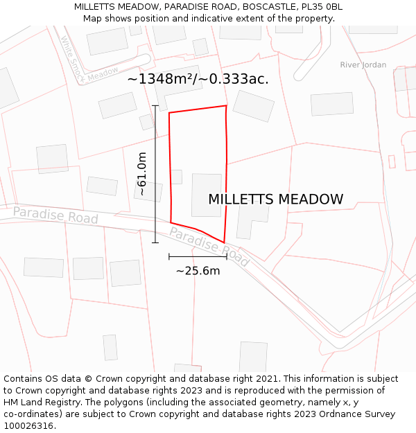 MILLETTS MEADOW, PARADISE ROAD, BOSCASTLE, PL35 0BL: Plot and title map