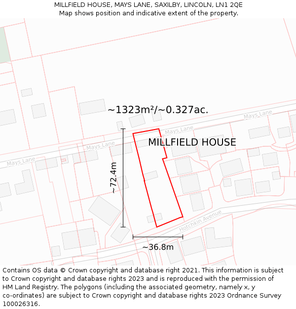 MILLFIELD HOUSE, MAYS LANE, SAXILBY, LINCOLN, LN1 2QE: Plot and title map