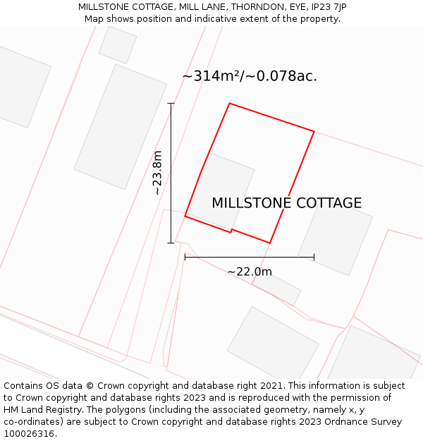MILLSTONE COTTAGE, MILL LANE, THORNDON, EYE, IP23 7JP: Plot and title map