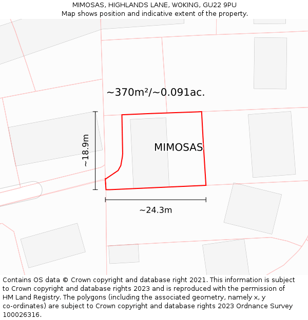 MIMOSAS, HIGHLANDS LANE, WOKING, GU22 9PU: Plot and title map