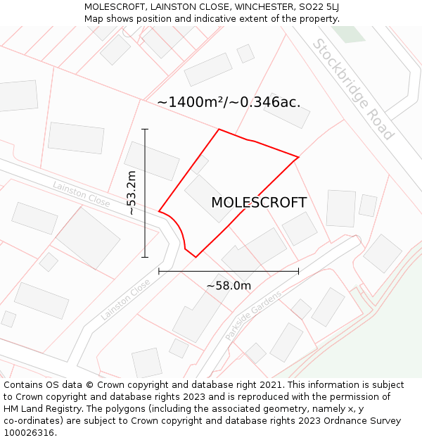 MOLESCROFT, LAINSTON CLOSE, WINCHESTER, SO22 5LJ: Plot and title map