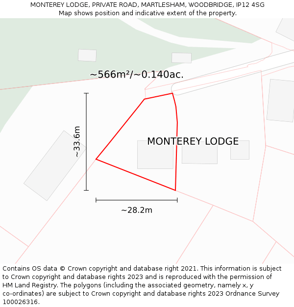 MONTEREY LODGE, PRIVATE ROAD, MARTLESHAM, WOODBRIDGE, IP12 4SG: Plot and title map