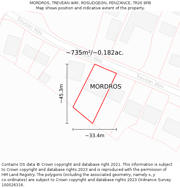 MORDROS, TREVEAN WAY, ROSUDGEON, PENZANCE, TR20 9PB: Plot and title map