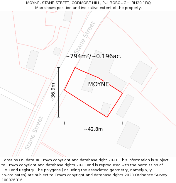 MOYNE, STANE STREET, CODMORE HILL, PULBOROUGH, RH20 1BQ: Plot and title map