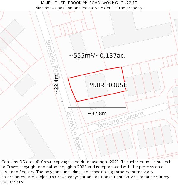 MUIR HOUSE, BROOKLYN ROAD, WOKING, GU22 7TJ: Plot and title map