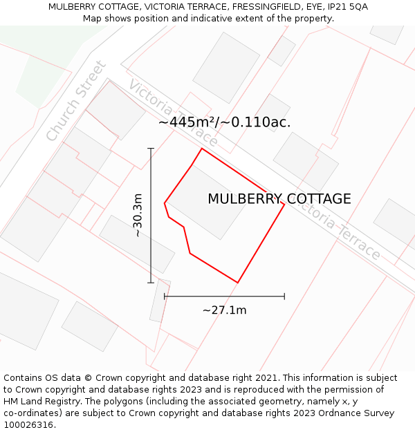 MULBERRY COTTAGE, VICTORIA TERRACE, FRESSINGFIELD, EYE, IP21 5QA: Plot and title map