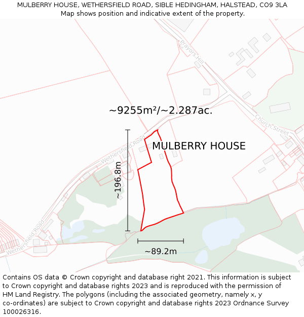 MULBERRY HOUSE, WETHERSFIELD ROAD, SIBLE HEDINGHAM, HALSTEAD, CO9 3LA: Plot and title map