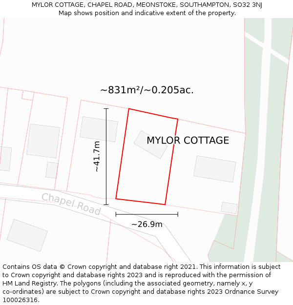 MYLOR COTTAGE, CHAPEL ROAD, MEONSTOKE, SOUTHAMPTON, SO32 3NJ: Plot and title map