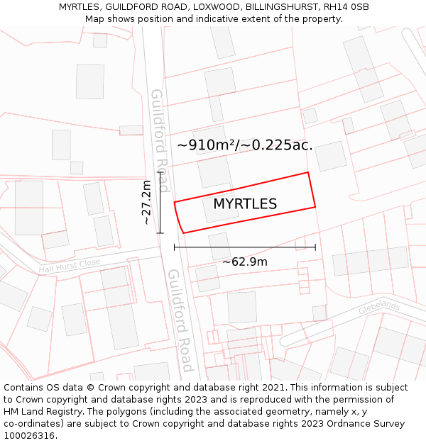 MYRTLES, GUILDFORD ROAD, LOXWOOD, BILLINGSHURST, RH14 0SB: Plot and title map