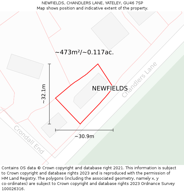 NEWFIELDS, CHANDLERS LANE, YATELEY, GU46 7SP: Plot and title map