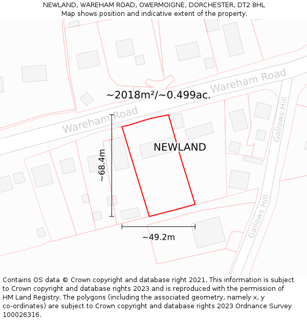 NEWLAND, WAREHAM ROAD, OWERMOIGNE, DORCHESTER, DT2 8HL: Plot and title map