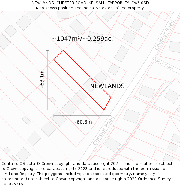 NEWLANDS, CHESTER ROAD, KELSALL, TARPORLEY, CW6 0SD: Plot and title map