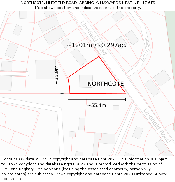 NORTHCOTE, LINDFIELD ROAD, ARDINGLY, HAYWARDS HEATH, RH17 6TS: Plot and title map