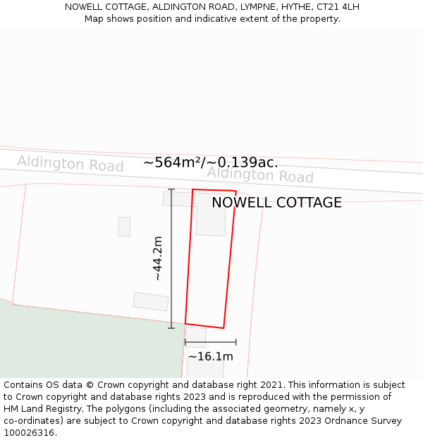 NOWELL COTTAGE, ALDINGTON ROAD, LYMPNE, HYTHE, CT21 4LH: Plot and title map