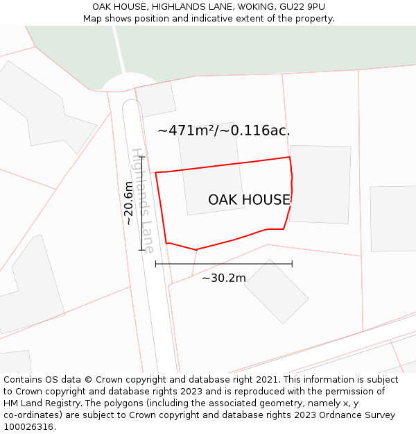 OAK HOUSE, HIGHLANDS LANE, WOKING, GU22 9PU: Plot and title map