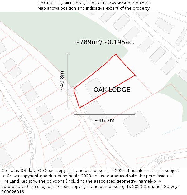 OAK LODGE, MILL LANE, BLACKPILL, SWANSEA, SA3 5BD: Plot and title map