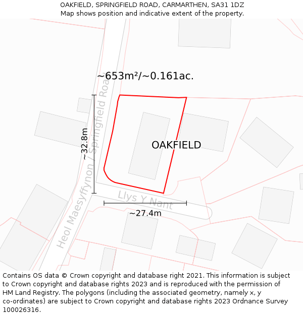 OAKFIELD, SPRINGFIELD ROAD, CARMARTHEN, SA31 1DZ: Plot and title map