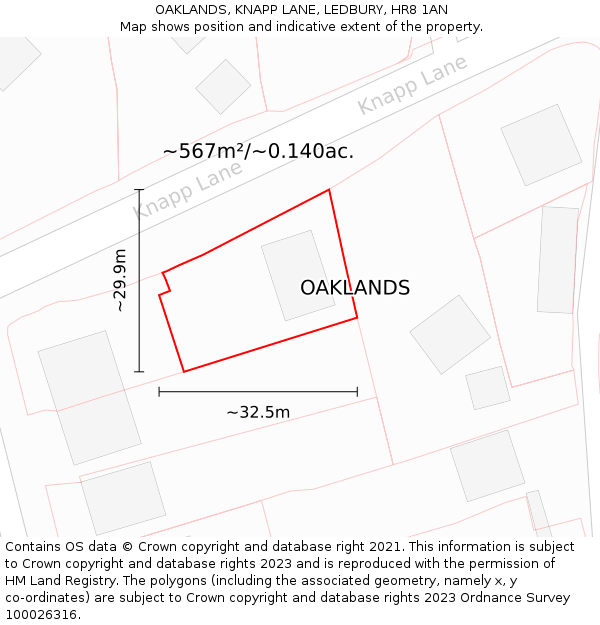 OAKLANDS, KNAPP LANE, LEDBURY, HR8 1AN: Plot and title map