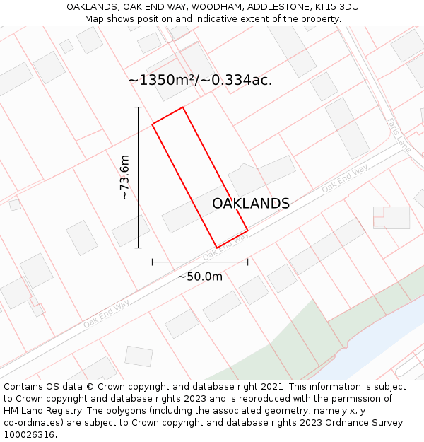 OAKLANDS, OAK END WAY, WOODHAM, ADDLESTONE, KT15 3DU: Plot and title map