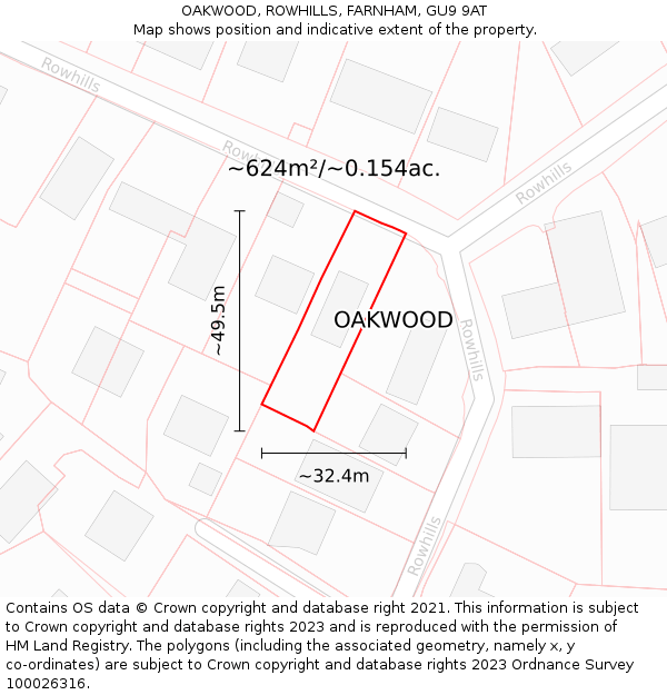 OAKWOOD, ROWHILLS, FARNHAM, GU9 9AT: Plot and title map