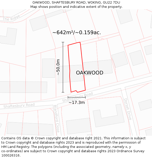 OAKWOOD, SHAFTESBURY ROAD, WOKING, GU22 7DU: Plot and title map