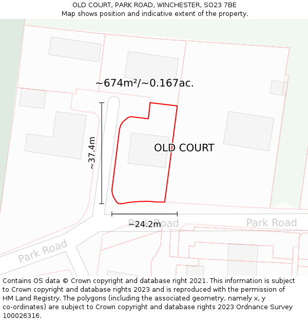OLD COURT, PARK ROAD, WINCHESTER, SO23 7BE: Plot and title map