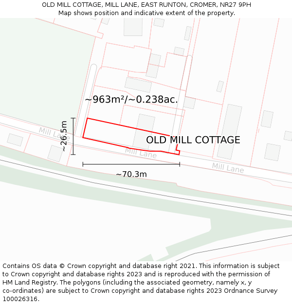 OLD MILL COTTAGE, MILL LANE, EAST RUNTON, CROMER, NR27 9PH: Plot and title map