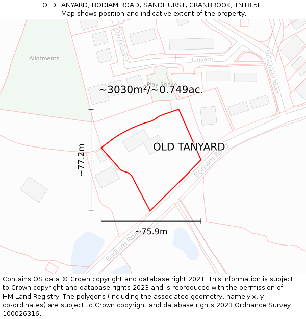 OLD TANYARD, BODIAM ROAD, SANDHURST, CRANBROOK, TN18 5LE: Plot and title map