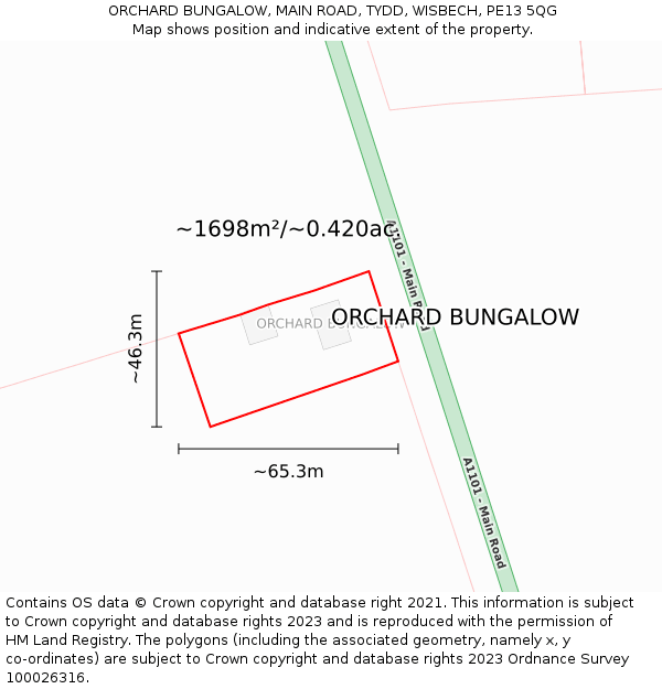 ORCHARD BUNGALOW, MAIN ROAD, TYDD, WISBECH, PE13 5QG: Plot and title map