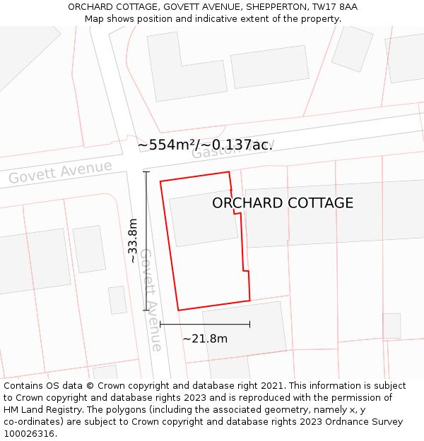 ORCHARD COTTAGE, GOVETT AVENUE, SHEPPERTON, TW17 8AA: Plot and title map