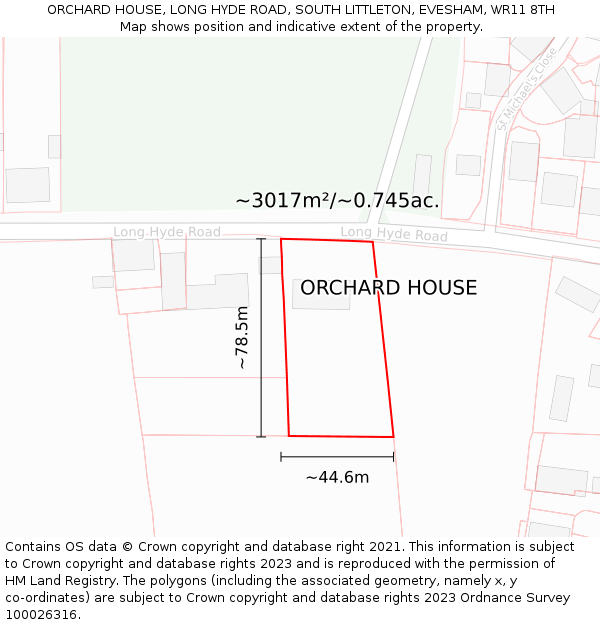 ORCHARD HOUSE, LONG HYDE ROAD, SOUTH LITTLETON, EVESHAM, WR11 8TH: Plot and title map