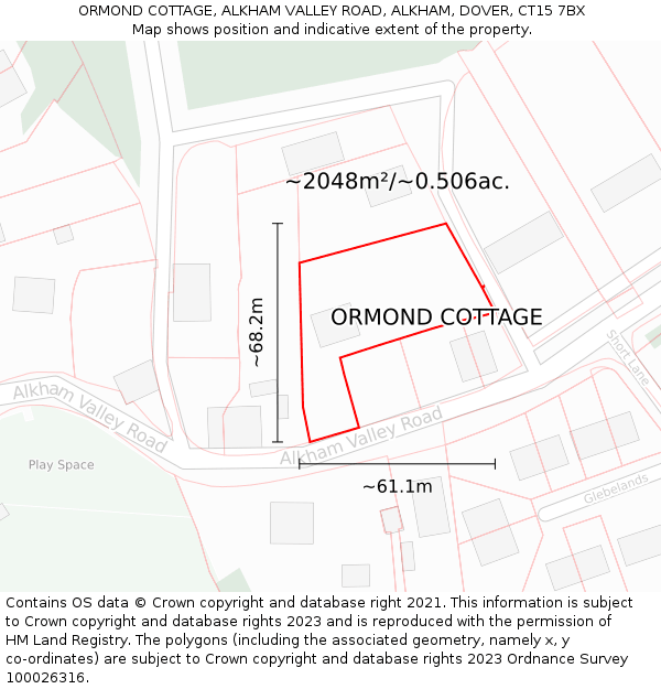 ORMOND COTTAGE, ALKHAM VALLEY ROAD, ALKHAM, DOVER, CT15 7BX: Plot and title map