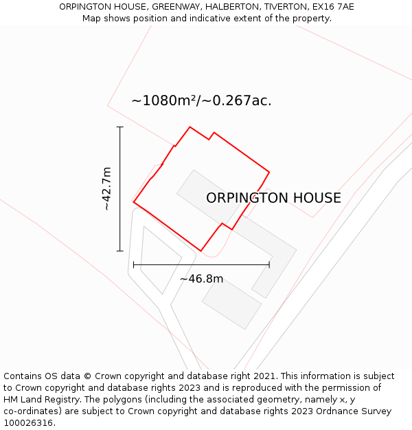 ORPINGTON HOUSE, GREENWAY, HALBERTON, TIVERTON, EX16 7AE: Plot and title map