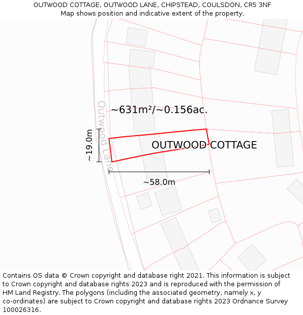 OUTWOOD COTTAGE, OUTWOOD LANE, CHIPSTEAD, COULSDON, CR5 3NF: Plot and title map