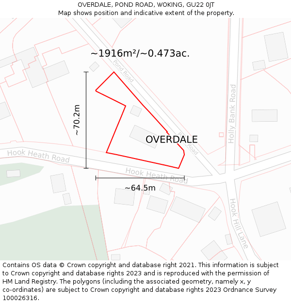 OVERDALE, POND ROAD, WOKING, GU22 0JT: Plot and title map