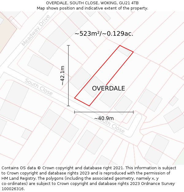 OVERDALE, SOUTH CLOSE, WOKING, GU21 4TB: Plot and title map