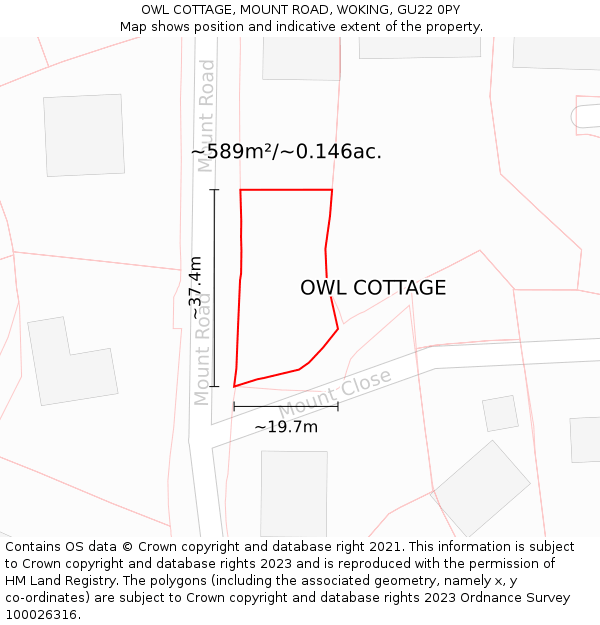 OWL COTTAGE, MOUNT ROAD, WOKING, GU22 0PY: Plot and title map