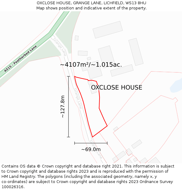OXCLOSE HOUSE, GRANGE LANE, LICHFIELD, WS13 8HU: Plot and title map