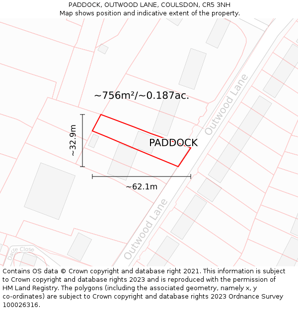 PADDOCK, OUTWOOD LANE, COULSDON, CR5 3NH: Plot and title map