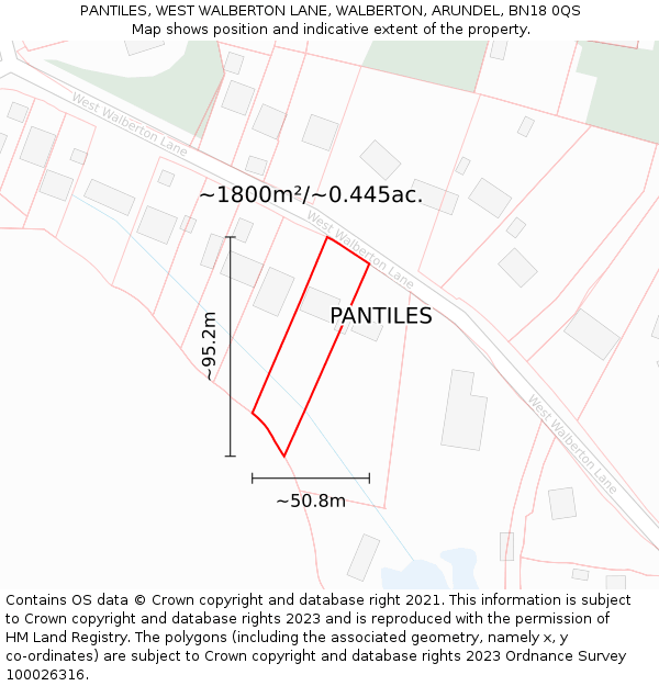 PANTILES, WEST WALBERTON LANE, WALBERTON, ARUNDEL, BN18 0QS: Plot and title map