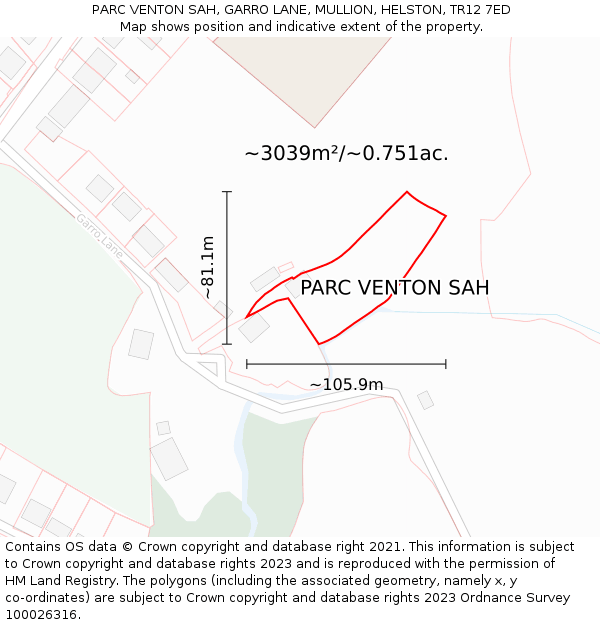 PARC VENTON SAH, GARRO LANE, MULLION, HELSTON, TR12 7ED: Plot and title map