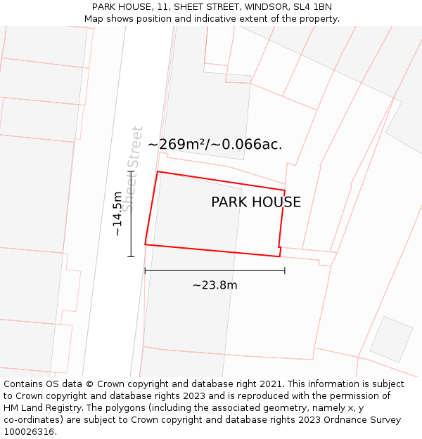 PARK HOUSE, 11, SHEET STREET, WINDSOR, SL4 1BN: Plot and title map