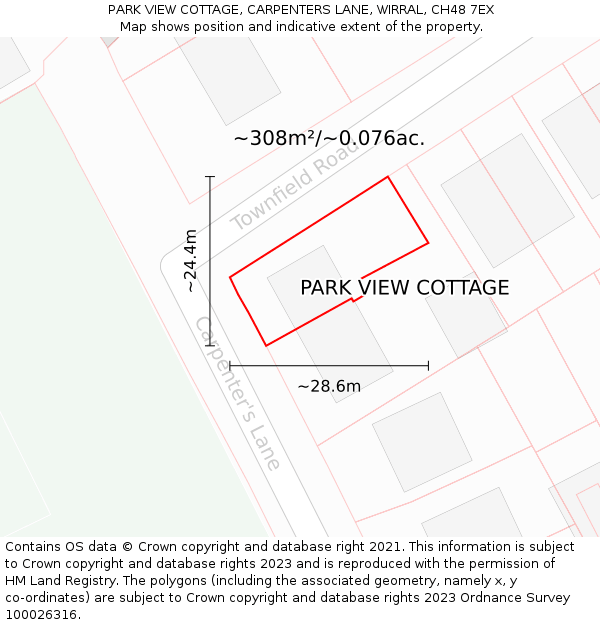 PARK VIEW COTTAGE, CARPENTERS LANE, WIRRAL, CH48 7EX: Plot and title map