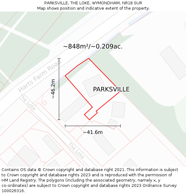 PARKSVILLE, THE LOKE, WYMONDHAM, NR18 0UR: Plot and title map