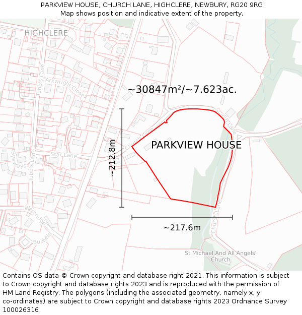 PARKVIEW HOUSE, CHURCH LANE, HIGHCLERE, NEWBURY, RG20 9RG: Plot and title map
