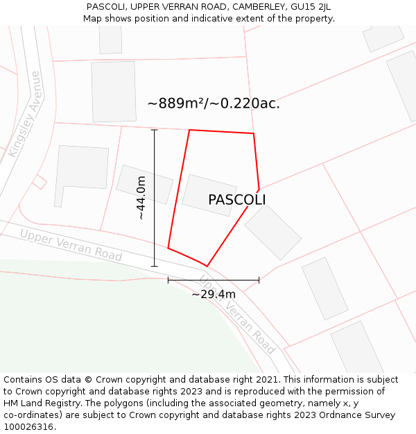 PASCOLI, UPPER VERRAN ROAD, CAMBERLEY, GU15 2JL: Plot and title map