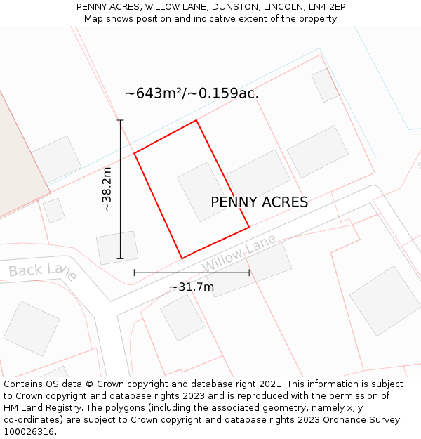 PENNY ACRES, WILLOW LANE, DUNSTON, LINCOLN, LN4 2EP: Plot and title map