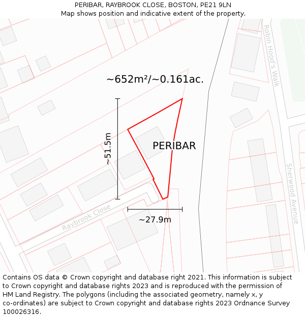 PERIBAR, RAYBROOK CLOSE, BOSTON, PE21 9LN: Plot and title map